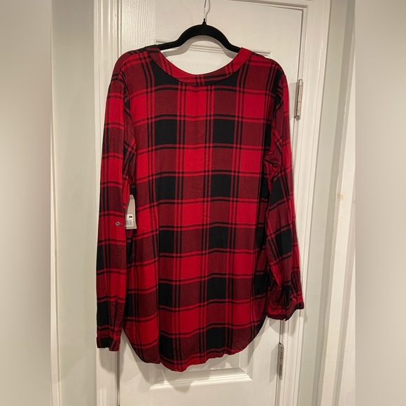 NWT Eddie Bauer Size L Red Black Soft Plaid Flannel Button Collarless Tunic Top - Picture 9 of 15